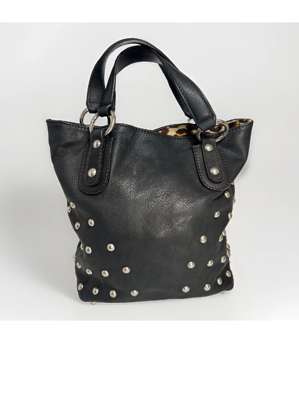 Maurizio Taiuti Black Leather Studded Boho / Biker Core Bag w Leopard Interior!